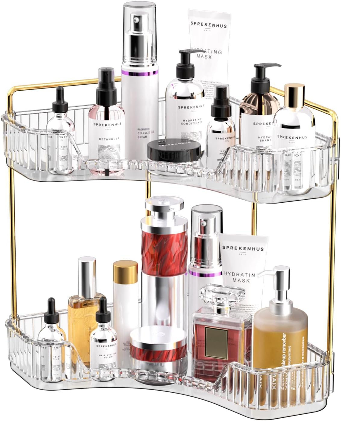 Luxury Gold Skincare - 2-stufiger transparenter Badezimmer-Organizer, Arbeitsplatten-Aufbewahrungsregal, luxuriöses goldfarbenes