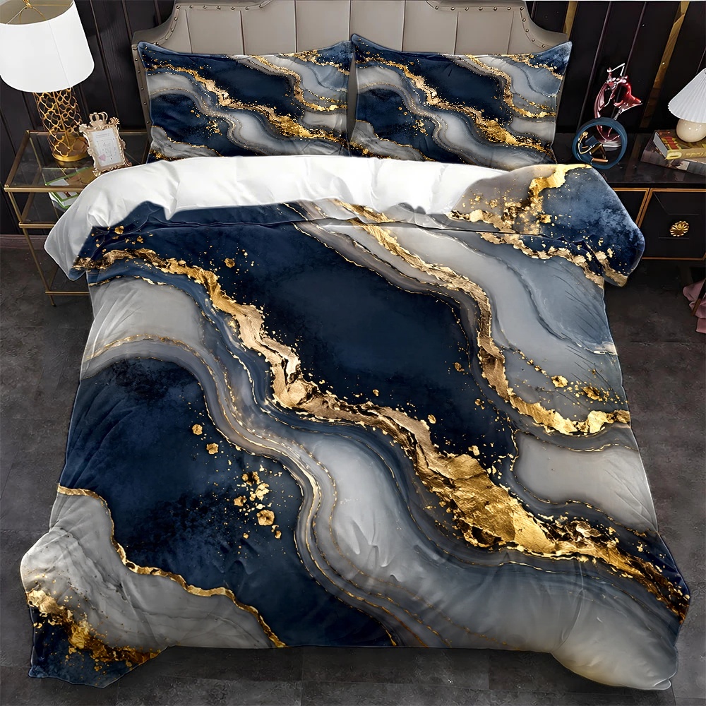 Luxury Gold Skincare - 3-teiliges Bettwäsche-Set im luxuriösen Blau-Gold-Marmor-Muster, dreiteiliges